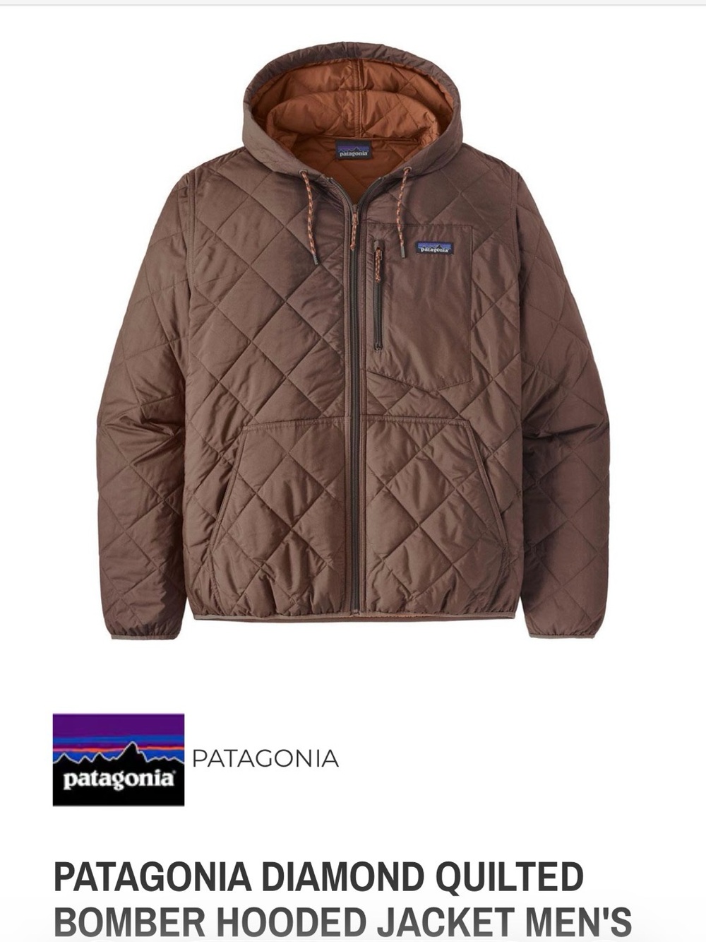 Patagonia Men's Diamond Quilted Bomber Hooded Jacket - LARGE